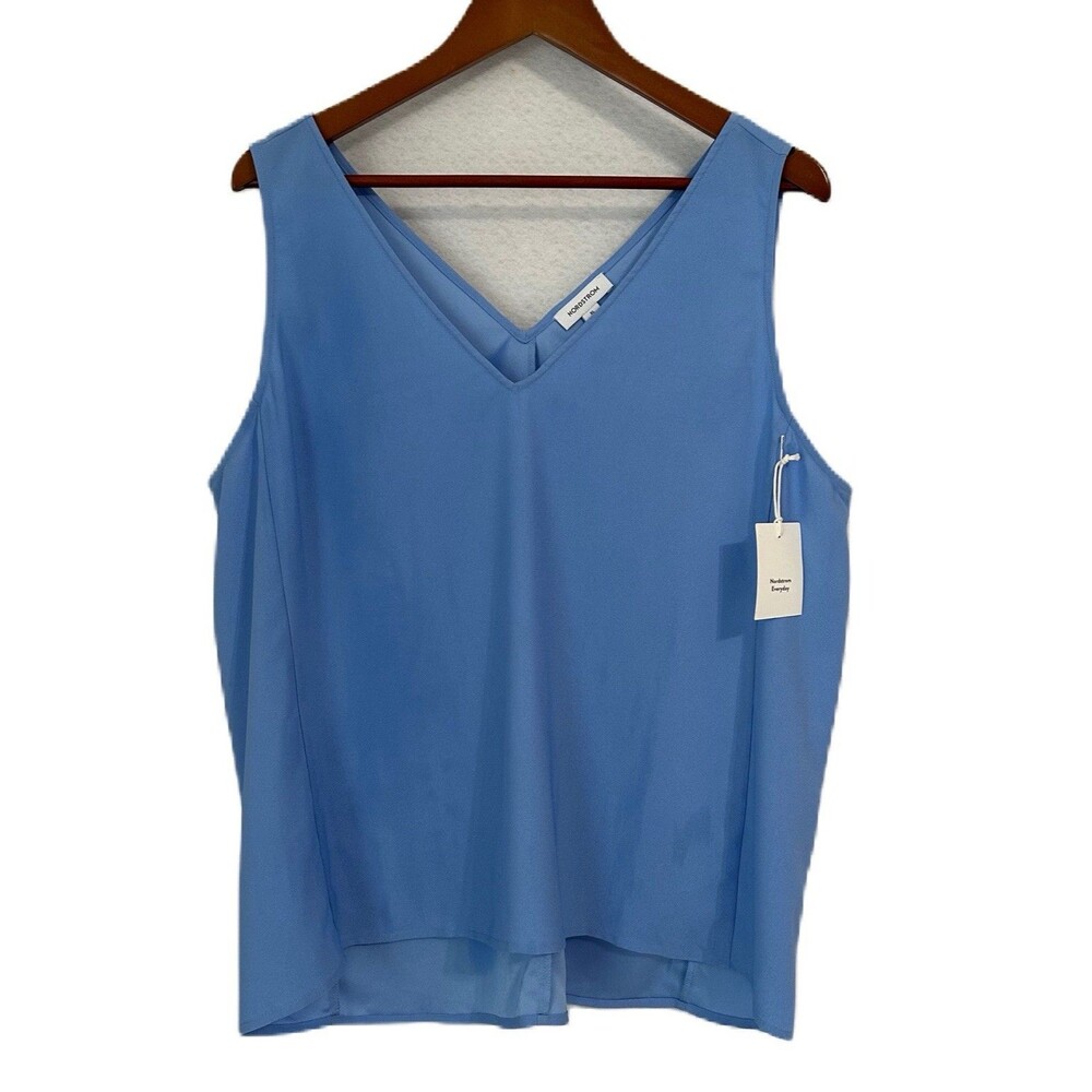 Nordstrom Tank Top Women XL Blue V Neck Sleeveless Hi Lo Flowy Office Preppy NWT